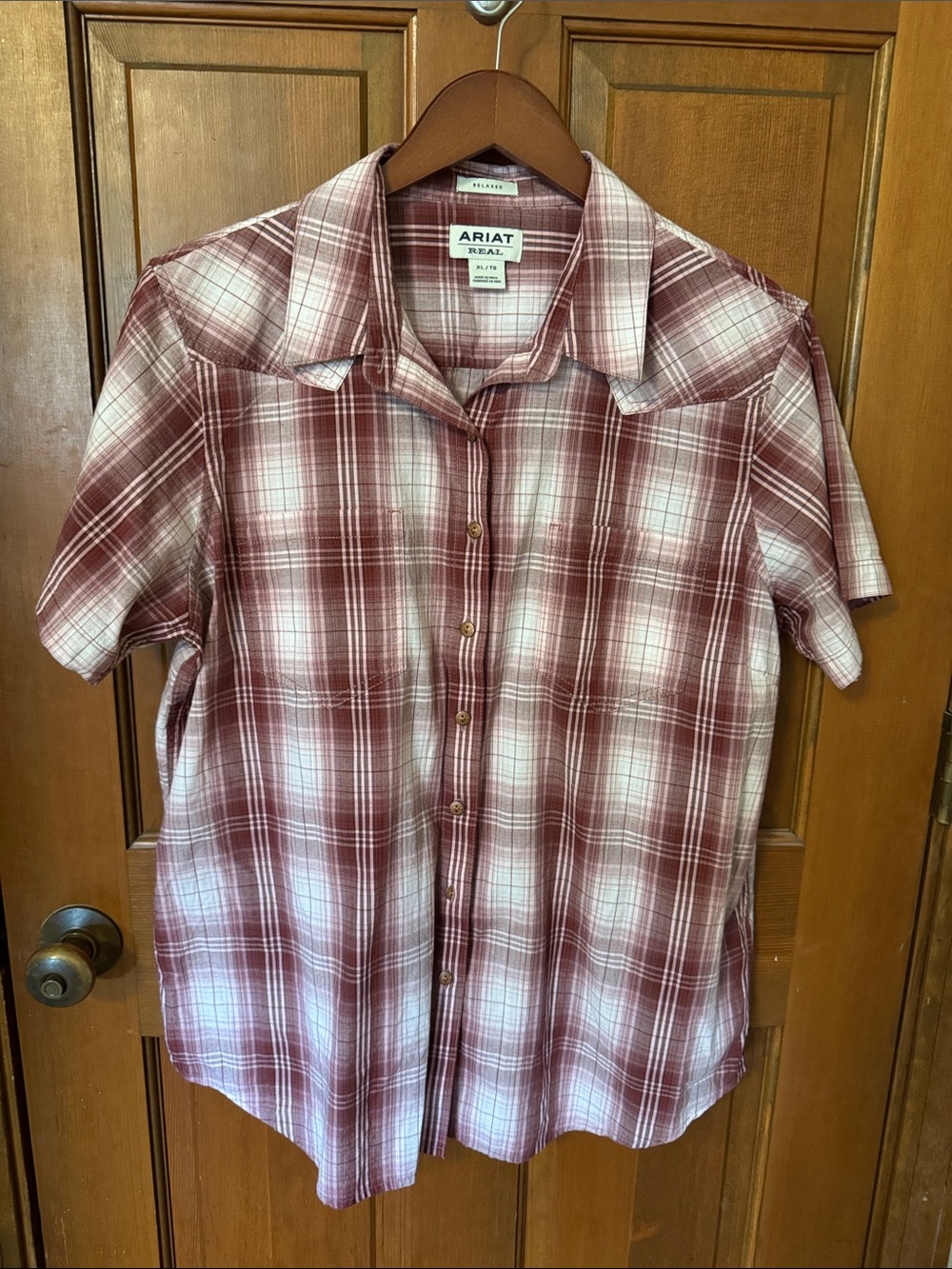 Ariat Short Sleeve Plaid Button-Up in Maroon & White